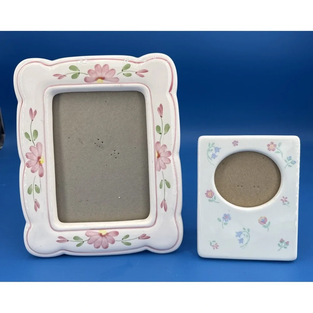 Vtg 2 Ceramic Picture Frames Pink Floral Tabletop Cottagecore Country Farm House
